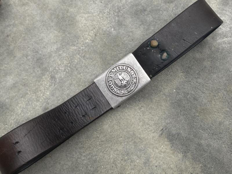 WEHRMACHT 2 PIECE ALLOY BELT BUCKLE WITH SHORT LEATHER BELT.