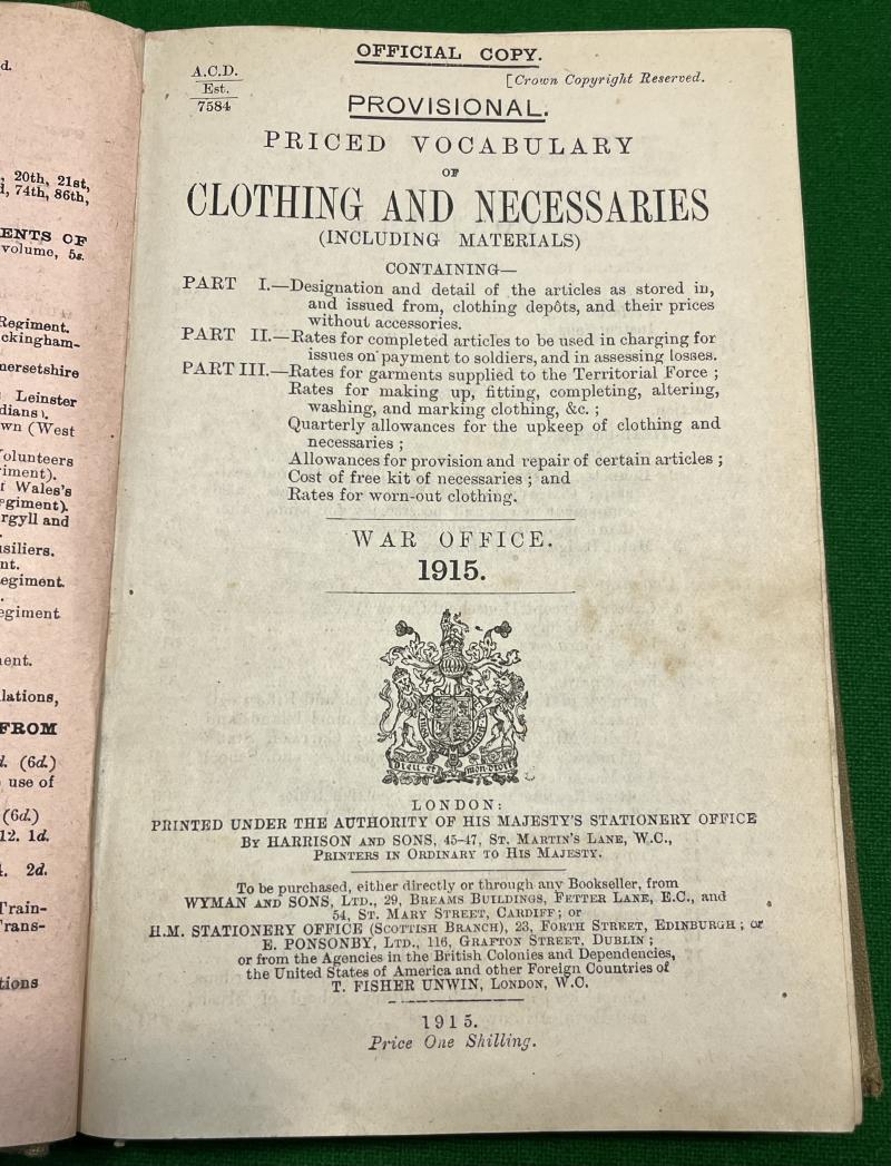1915 Priced Vocabulary of Clothing & Necessaries.