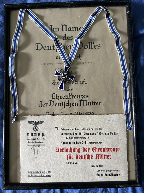 THIRD REICH MOTHERS CROSS IN SILVER WITH AWARD CERTIFICATE AND NSDAP INVITATION TO THE  AWARD CEREMONY!!