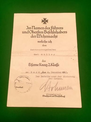 WW2 Kriegsmarine Award Certificate Grouping.