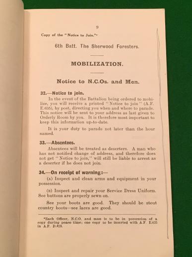 WW1 6 Btn Sherwood Foresters Mobilization Orders.