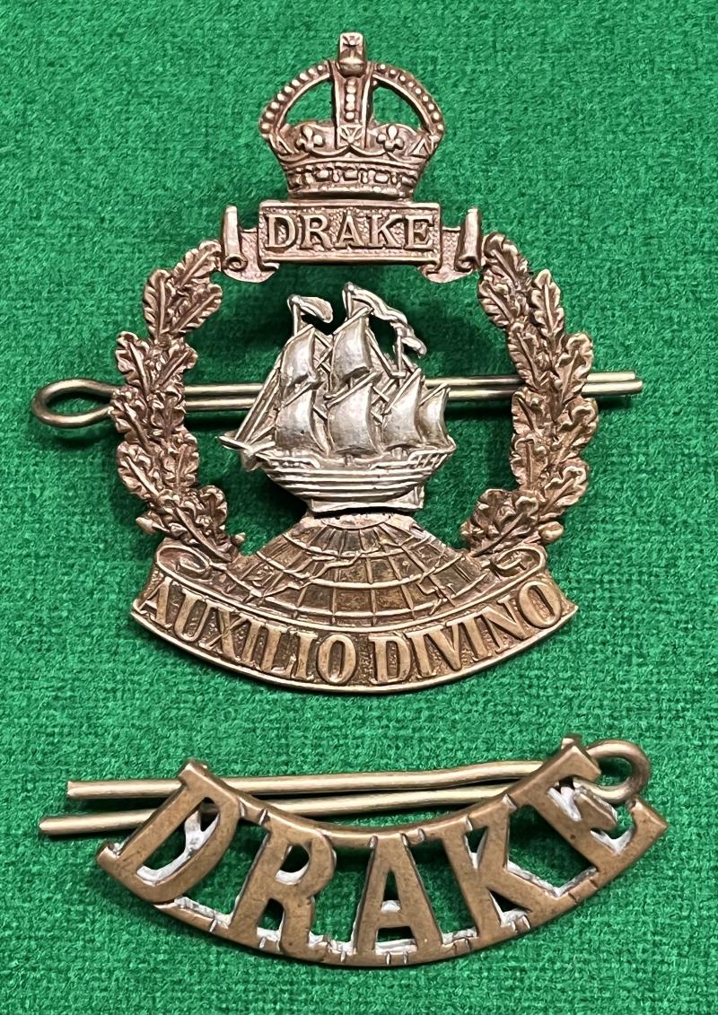 WW1 RND Drake Battalion Cap Badge & Shoulder Title.