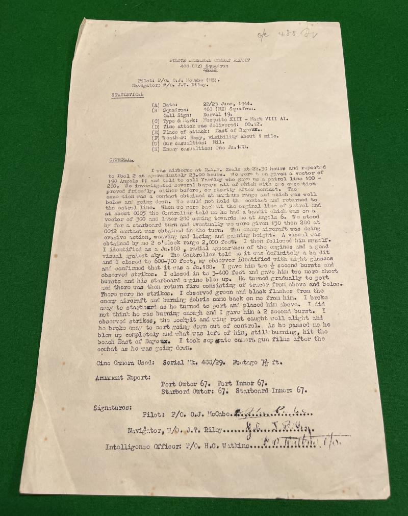 WW2 Original Copy 488 Squadron Combat Report.